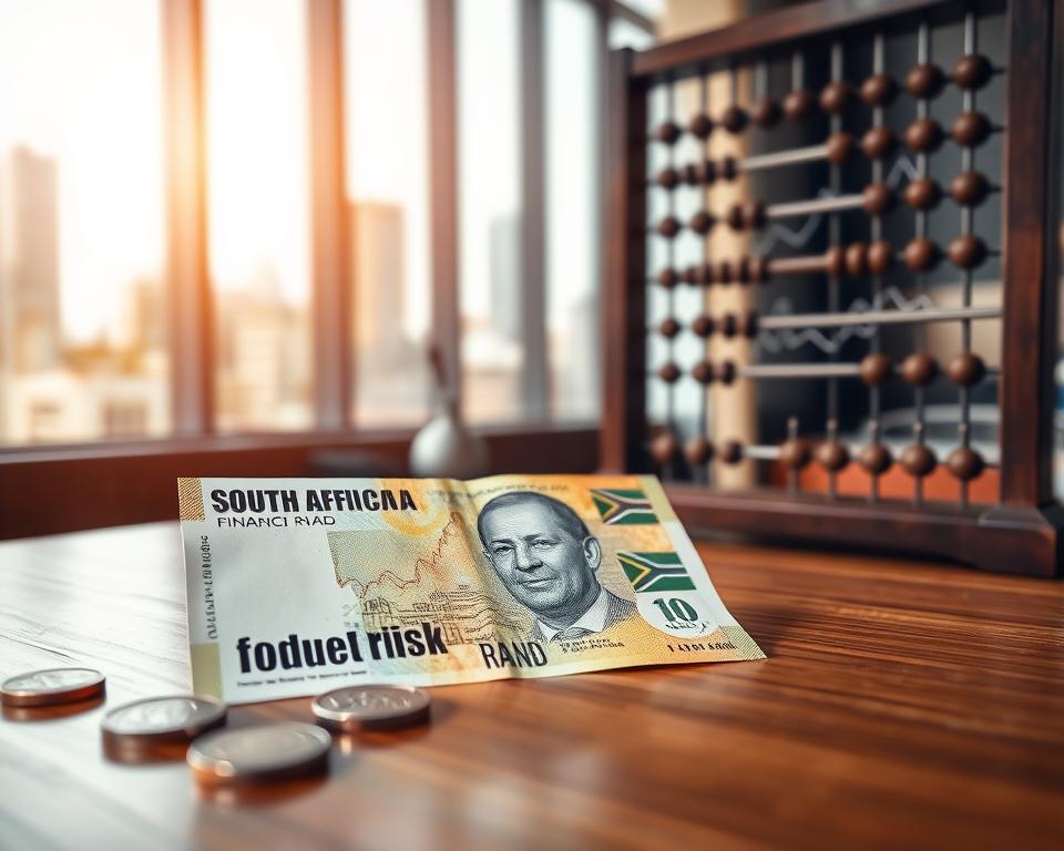 A close-up view of a South African Rand banknote prominently displayed on a polished wooden desk, symbolizing financial investment. In the foreground, the banknote is arranged with a few coins scattered around it, reflecting the theme of currency risk. The middle layer features an elegant abacus made of dark wood, hinting at traditional methods of calculation, with an overlay of financial graphs subtly engraved into the background, hinting at market analysis. Soft, natural lighting illuminates the scene, creating a warm yet serious atmosphere. In the background, a blurred office setting with a large window showcasing a cityscape, further emphasizing the theme of investment and opportunity. The overall mood conveys a balanced sense of caution and possibility in financial endeavors related to the South African Rand.