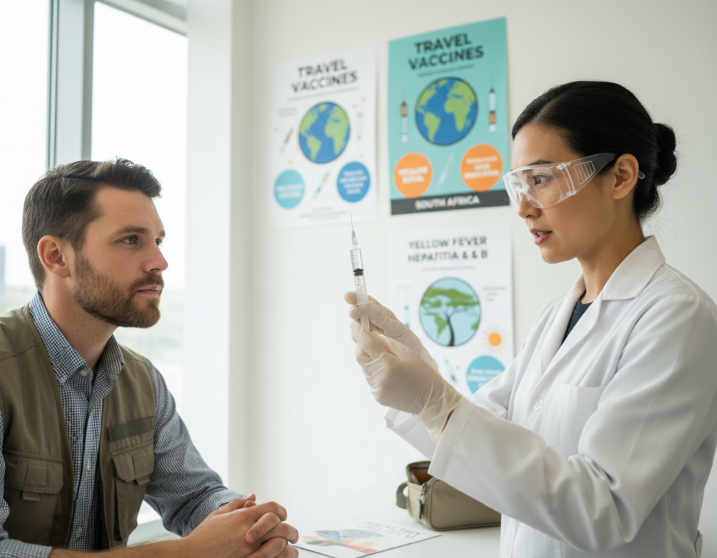 A close-up view of a professional healthcare provider discussing immunizations with a traveler in a bright, modern clinic setting. The provider, wearing a lab coat and safety glasses, holds a vaccination syringe with a focused expression, while the traveler, dressed in smart casual attire, listens attentively. In the background, colorful posters about various vaccines for international travel can be seen on the walls, promoting a sense of safety and awareness. Soft, natural lighting filters through large windows, creating a welcoming and informative atmosphere. The composition captures a sense of caution and preparedness, ideal for travelers preparing for their journeys to South Africa. The image is polished and engaging, meant to emphasize the importance of standard vaccinations. A close-up view of a professional healthcare provider discussing immunizations with a traveler in a bright, modern clinic setting. The provider, wearing a lab coat and safety glasses, holds a vaccination syringe with a focused expression, while the traveler, dressed in smart casual attire, listens attentively. In the background, colorful posters about various vaccines for international travel can be seen on the walls, promoting a sense of safety and awareness. Soft, natural lighting filters through large windows, creating a welcoming and informative atmosphere. The composition captures a sense of caution and preparedness, ideal for travelers preparing for their journeys to South Africa. The image is polished and engaging, meant to emphasize the importance of standard vaccinations.