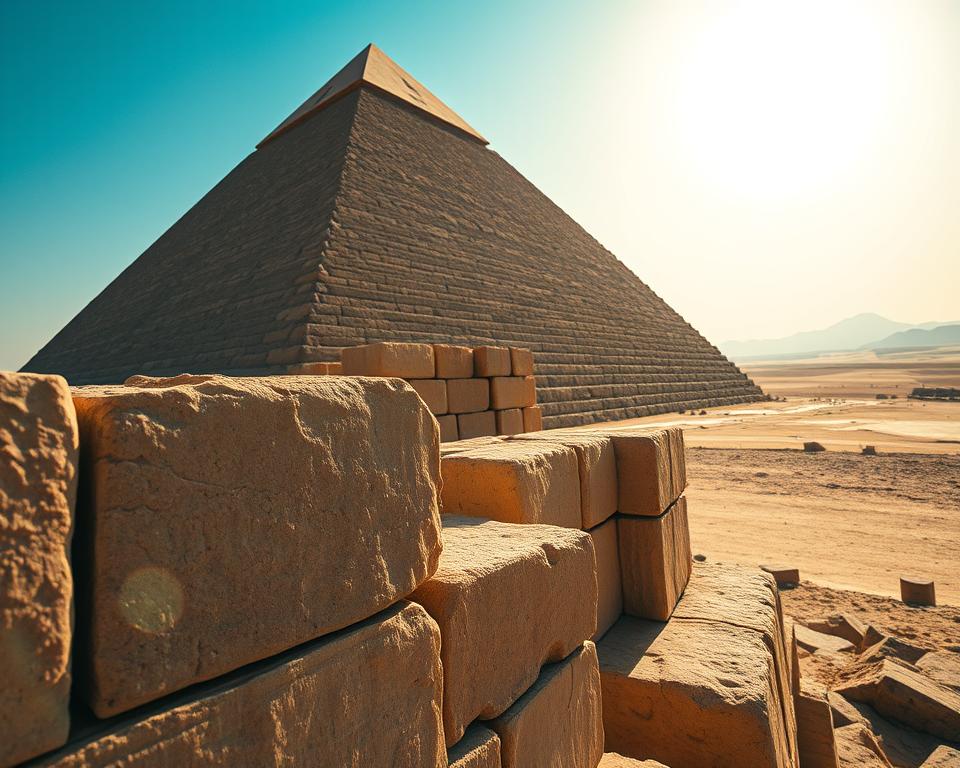 A close-up view of the Great Pyramid of Giza, showcasing the precise architectural measurements and geometric lines that form this ancient wonder. In the foreground, intricate stone blocks are displayed with detailed textures, emphasizing their massive scale and the craftsmanship of ancient builders. The middle ground features the pyramid at an angle that highlights its perfect symmetry and the striking contrast of smooth faces against the rugged desert terrain. In the background, the vast desert stretches towards a clear blue sky, with the sun casting dynamic shadows that enhance the pyramid's grandeur. The mood is awe-inspiring and mystical, suggesting the mathematical brilliance behind this monumental structure. Shot with a wide-angle lens to capture the entirety of the pyramid, the lighting is soft and warm, creating an inviting atmosphere.