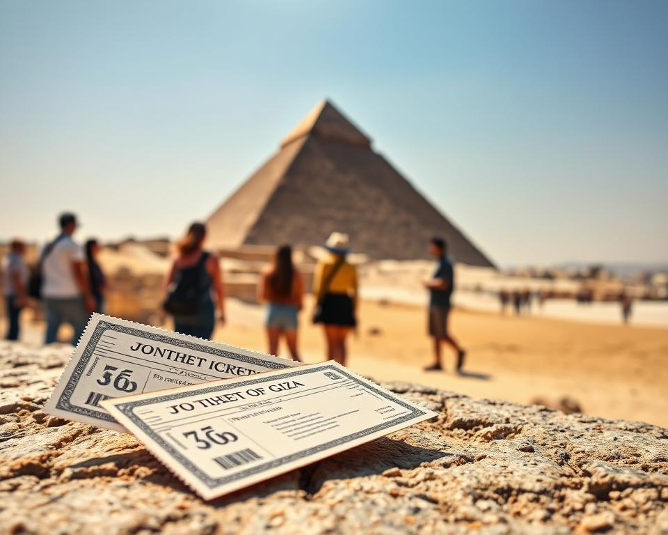 A close-up view of tickets for the Pyramids of Giza, elegantly designed with ancient Egyptian motifs and hieroglyphs, set against a backdrop of the iconic pyramids under a clear, blue sky. In the foreground, the tickets are displayed on a textured stone surface, partially illuminated by warm sunlight, creating a welcoming and adventurous atmosphere. In the middle ground, tourists in modest casual clothing are looking at the pyramids, capturing the excitement of planning a visit. In the background, the majestic Great Pyramid rises prominently, surrounded by the sandy desert landscape. The scene conveys a sense of wonder and cultural richness, inviting viewers to explore the mysteries of this ancient site.