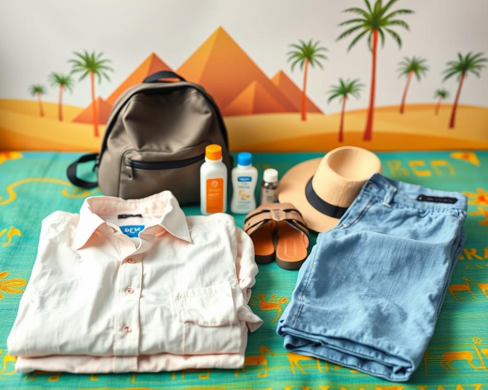 A colorful, well-organized travel packing list displayed on a vibrant table. In the foreground, neatly folded cotton clothing suitable for Egypt's warm climate, including lightweight shirts, breathable pants, and a sun hat. Next to the clothing, a pair of sturdy sandals and a small backpack are visible, emphasizing practicality for family outings. In the middle ground, a sunblock lotion bottle and travel-sized toiletries are placed strategically among the items. The background features an Egyptian-themed illustration, including pyramids and palm trees, fading softly to create a sense of adventure. Bright and inviting lighting creates a cheerful atmosphere, ideal for family travel. The scene is captured from a slight overhead angle to showcase all elements clearly while maintaining depth and interest.