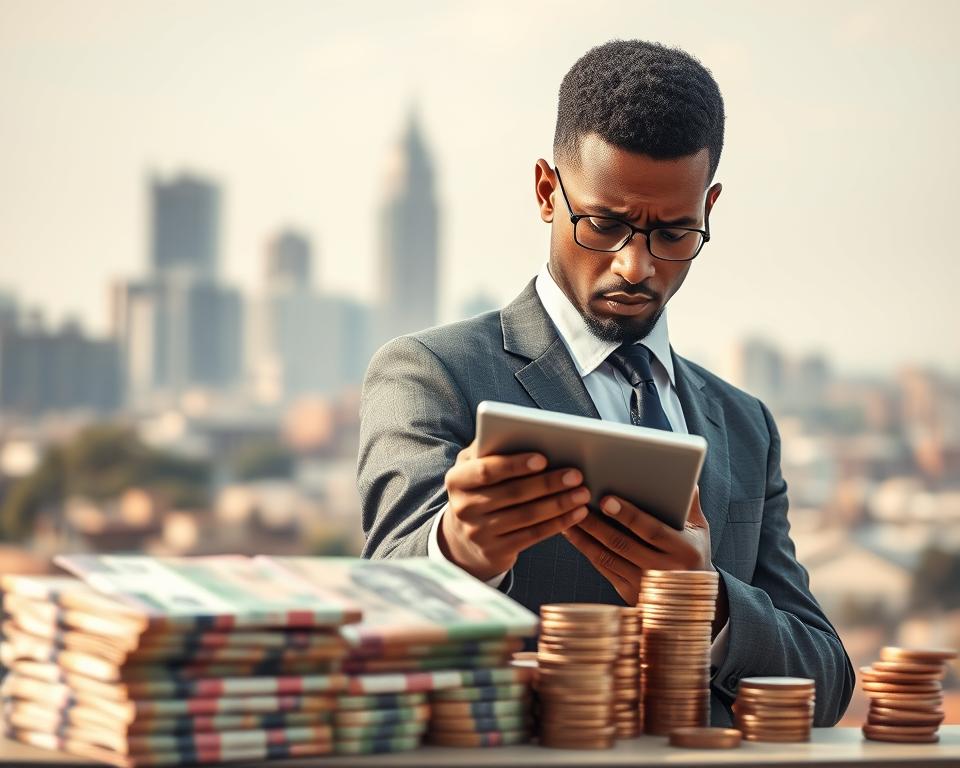 A conceptual illustration of inflation in South Africa, focusing on the South African Rand. In the foreground, a distressed businessperson in a professional outfit examines a fluctuating line graph on a digital tablet, their expression a mix of concern and contemplation. In the middle ground, stacks of South African Rand banknotes and coins are prominently displayed, symbolizing the impact of inflation on currency value. In the background, a blurred city skyline of Johannesburg, representing economic activity, adds depth. The scene is illuminated with soft, natural lighting, creating a serious yet hopeful atmosphere. Use a wide-angle lens to capture the breadth of the imagery, conveying the urgency and complexity of managing inflation.