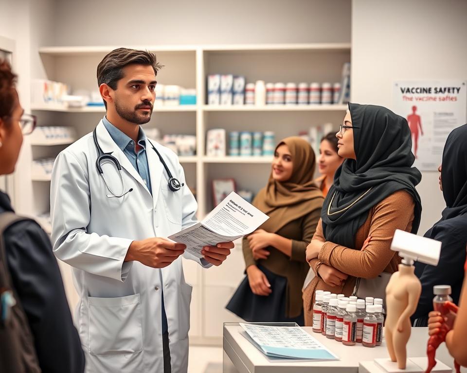A confident, professional healthcare worker in a white lab coat, standing in a well-lit medical clinic, explaining vaccination safety and side effects to a diverse group of travelers. The foreground features the healthcare worker gesturing with informational pamphlets on vaccines in their hand, while the travelers, including a man in business casual and a woman in modest attire, look attentively. The middle ground includes a clear, organized display of vaccine vials and an anatomical model of the human body, emphasizing medical safety. In the background, shelves filled with medical supplies and a poster about vaccine safety create an educational atmosphere. Soft, diffused lighting enhances the warm and inviting mood, focusing on professionalism and trust in healthcare.