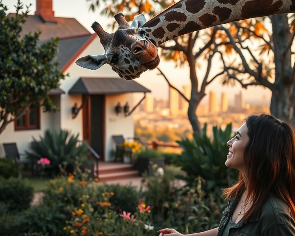 A cozy scene at Giraffe Manor in Nairobi, highlighting an intimate encounter between a giraffe and a traveler. In the foreground, a person in casual, modest clothing reaches up to feed a giraffe with long, graceful neck and big, friendly eyes. The middle ground features the charming architecture of Giraffe Manor, interspersed with lush greenery and wildflowers, capturing the essence of its unique setting. In the background, the vibrant Nairobi skyline is slightly visible, enhancing the exotic feel of the location. Soft, warm lighting bathes the scene, creating a welcoming atmosphere during golden hour. The image captures a sense of adventure and connection with nature, ideal for showcasing insider tips for travelers.
