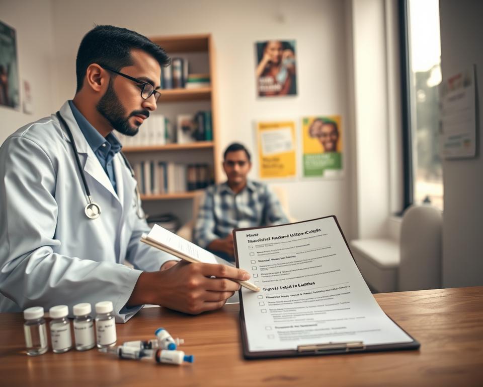 A detailed and informative scene depicting a healthcare professional in a modern clinic, reviewing a checklist of standard vaccinations with a focus on South Africa. In the foreground, a neatly organized desk with a clipboard, vaccination records, and medical supplies, including vials and syringes. The healthcare professional, dressed in a white lab coat and professional attire, is examining the checklist intently. In the middle ground, a patient is seated comfortably, looking engaged and attentive. The background features shelves with medical books and posters about vaccinations. Soft, natural lighting filters through a window, creating a warm and informative atmosphere, ideal for conveying the importance of vaccinations. The angle is slightly overhead, providing a comprehensive view of the interaction without distractions, ensuring a clear focus on health and safety.