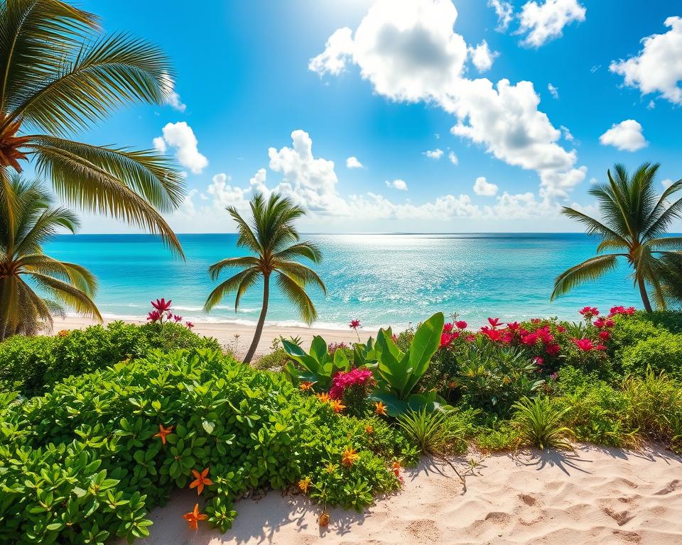 A detailed climate overview of Zanzibar, showcasing a vibrant tropical landscape that transitions through the seasons. In the foreground, a lush, green beach with soft, white sand under a brilliant sun, where palm trees sway gently in the breeze. In the middle, a diverse range of colorful flowers and plants, capturing the essence of Zanzibar's natural beauty. The background features the ocean, shimmering in various shades of blue, with a clear sky dotted with light clouds representing both sunny days and approaching rain. Soft, warm lighting bathes the scene, creating a serene atmosphere. The image should encapsulate the dynamic climate patterns, evoking a sense of both tranquility and vibrancy, perfect for illustrating temperature fluctuations, rainfall, and sunshine hours throughout the year. A detailed climate overview of Zanzibar, showcasing a vibrant tropical landscape that transitions through the seasons. In the foreground, a lush, green beach with soft, white sand under a brilliant sun, where palm trees sway gently in the breeze. In the middle, a diverse range of colorful flowers and plants, capturing the essence of Zanzibar's natural beauty. The background features the ocean, shimmering in various shades of blue, with a clear sky dotted with light clouds representing both sunny days and approaching rain. Soft, warm lighting bathes the scene, creating a serene atmosphere. The image should encapsulate the dynamic climate patterns, evoking a sense of both tranquility and vibrancy, perfect for illustrating temperature fluctuations, rainfall, and sunshine hours throughout the year.