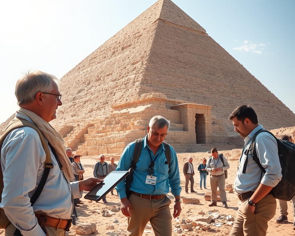 A detailed depiction of the Cheops Pyramid, surrounded by a team of archaeologists dressed in professional attire, engaged in active research. In the foreground, one archaeologist is using modern scanning technology, pointing a handheld device at the pyramid’s ancient stones. The middle ground features another researcher examining artifacts found nearby, highlighting the blend of ancient and modern discoveries. The background showcases the grand pyramid rising majestically against a bright blue sky, with soft sunlight illuminating its limestone structure. The scene is filled with a sense of discovery and curiosity, capturing the essence of ongoing archaeological exploration. The atmosphere is dynamic and scholarly, emphasizing the latest advancements in research techniques.
