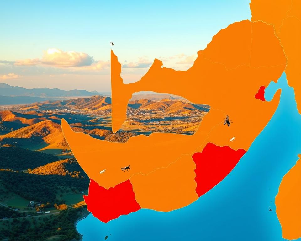 A detailed, illustrated map of South Africa highlighting malaria risk areas. In the foreground, include distinct regions marked in vibrant colors, such as a deep red for high-risk zones and a lighter orange for moderate-risk areas. Label these zones with subtle icons representing mosquitoes. In the middle ground, show a scenic view of South African landscapes, featuring lush greenery, rolling hills, and sparse villages, all bathed in warm golden sunlight. In the background, depict a clear blue sky transitioning to soft clouds, adding depth to the scene. The mood should evoke caution and awareness, emphasizing the importance of malaria prevention and protection methods. Use a wide-angle perspective for a comprehensive view, ensuring clarity and detail in the geographical features without any text or additional distractions.