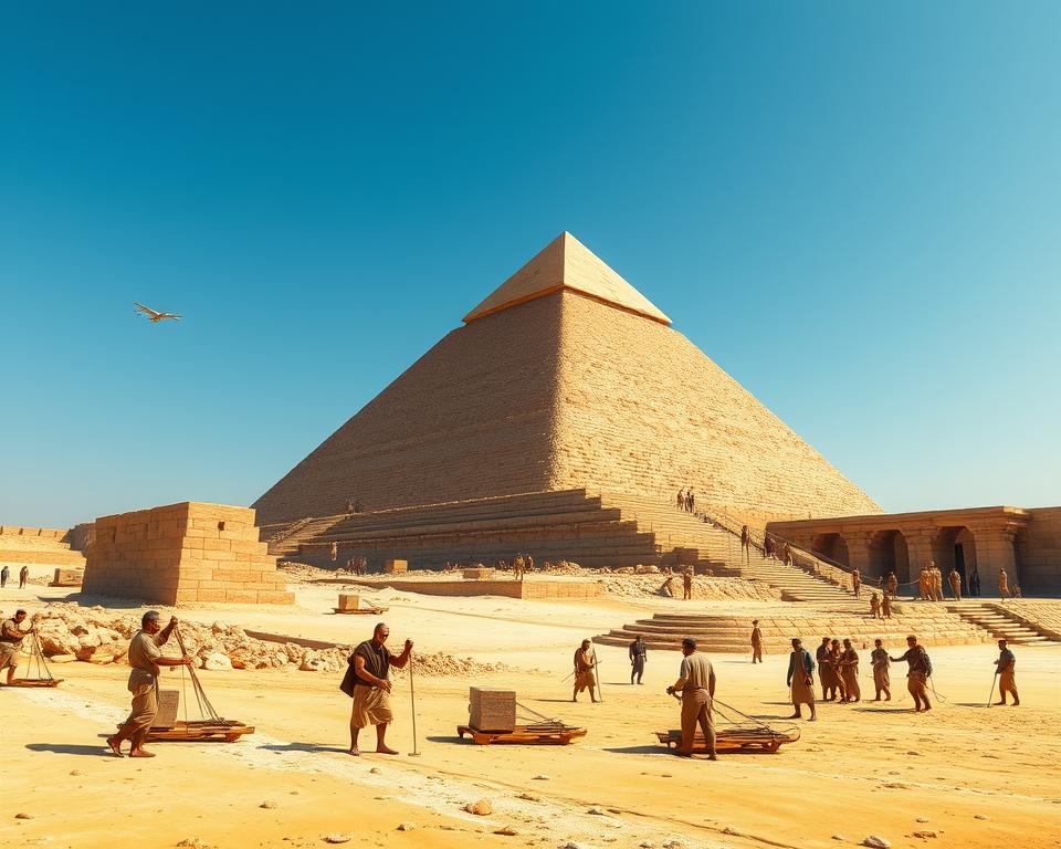 A detailed illustration of the "Pyramidenbau Rampentheorie" featuring a grand view of the Giza pyramid construction site. In the foreground, craftsmen in modest casual clothing manipulate ancient tools, such as levers and wooden sleds, transporting massive limestone blocks. The middle ground showcases a series of inclined ramps, carefully designed, leading to the towering pyramid structure, with workers collaborating efficiently. In the background, the iconic Great Pyramid of Giza arises majestically against a clear blue sky, radiating golden sunlight that casts long shadows on the sandy terrain. The scene captures a sense of dedication and ingenuity, with earthy tones enhancing the historical atmosphere. Use a wide-angle lens to create depth and a slightly elevated perspective to emphasize the scale of the construction. The mood is both industrious and respectful of the ancient engineering marvel.