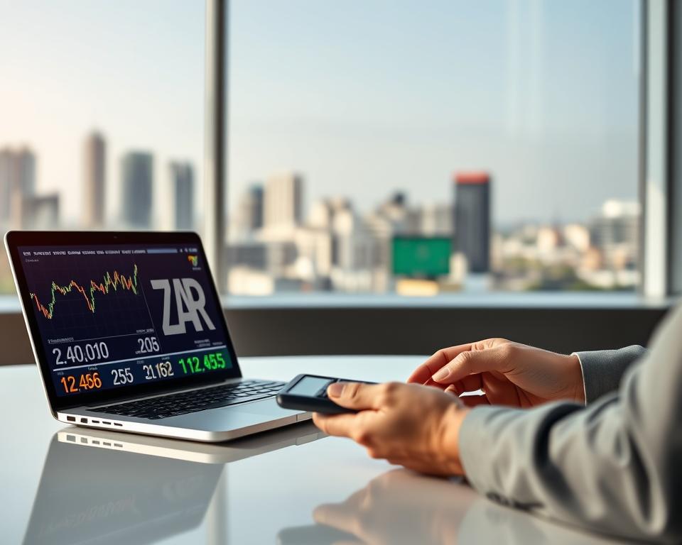 A detailed illustration of the current value of the South African Rand, showcasing a financial theme. In the foreground, display a professional looking digital currency exchange board featuring the Rand symbol (ZAR) alongside fluctuating graphs and charts demonstrating recent trends. The middle ground should include a sleek, modern office desk with a laptop displaying live currency data, and a pair of hands using a calculator, dressed in business attire. The background can feature a blurred city skyline that suggests economic activity. Soft, natural lighting should create an inviting atmosphere, enhancing the professional setting. Capture the mood of financial vigilance and sophistication.