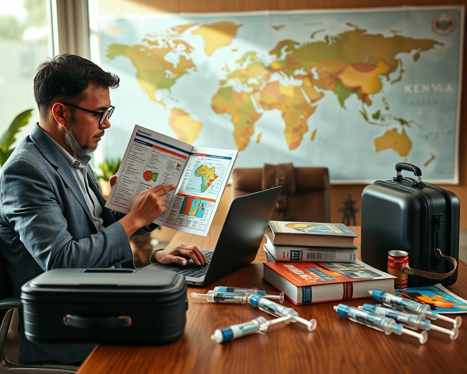 A detailed, informative image depicting a travel vaccination schedule for Kenya, designed for a travel planning context. In the foreground, a professional-looking traveler, dressed in a modest casual outfit, examines a colorful vaccination schedule and maps, sitting at a wooden desk with a laptop. In the middle, items like a suitcase, travel guidebooks, and vaccination syringes are artistically arranged to emphasize the importance of planning. The background features a soft-focus world map highlighting Kenya, with comforting natural light streaming in from a nearby window, creating a warm and inviting atmosphere. The image should convey a sense of preparedness and safety, ideal for readers planning their journey. No text or logos included.