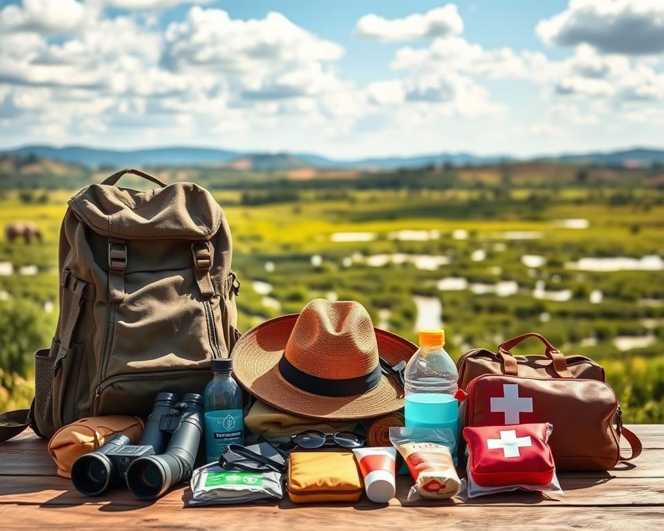A detailed packing list for a South African safari, artistically arranged, set against the backdrop of a vibrant landscape of the iSimangaliso Wetland Park. In the foreground, a neatly organized assortment of essential items such as a sturdy backpack, binoculars, a hat, sunscreen, a water bottle, and a first aid kit. In the middle ground, a scenic view of lush wetlands and distant rolling hills under a bright blue sky punctuated by fluffy clouds. The lighting is warm and inviting, creating a sense of adventure and anticipation. A soft focus on the background adds depth, while the overall atmosphere is one of excitement and connection with nature, perfect for those preparing for an unforgettable safari experience.