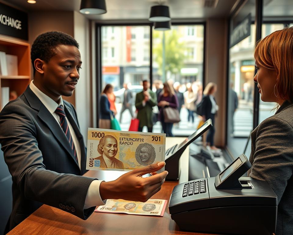 A detailed scene depicting a cozy currency exchange office in Germany, focusing on the South African Rand being exchanged. In the foreground, a professional-looking bank teller of African descent assists a customer, showcasing a shiny South African Rand note. The teller is dressed in formal business attire, exuding professionalism. The middle ground features a neat counter adorned with currency exchange signage, various banknotes, and a cash register. In the background, large windows let in natural light, illuminating a busy street outside with pedestrians carrying shopping bags, hinting at a vibrant city atmosphere. The mood is bustling yet inviting, emphasizing trust and efficiency in currency exchange services. Capture the scene in bright, clear lighting with a slightly wide-angle perspective to enhance the environment.