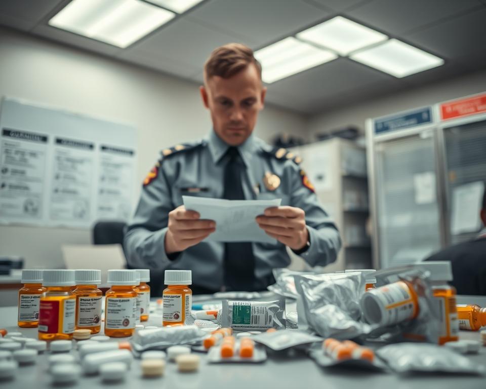 A detailed scene depicting a customs officer inspecting confiscated medication in a professional setting. In the foreground, a neatly organized table displays various labeled pill bottles and packages, some with warning labels, under bright fluorescent lighting. The middle ground reveals a customs officer in a crisp uniform, examining a package with a serious expression, emphasizing the importance of regulating pharmaceuticals. The background shows a customs office with shelves lined with informational posters about medication regulations and safety. The mood is tense yet professional, reflecting the gravity of illegal medication seizures. The composition is captured from a slightly elevated angle to provide clarity and detail, showcasing the interaction between the officer and the seized items.
