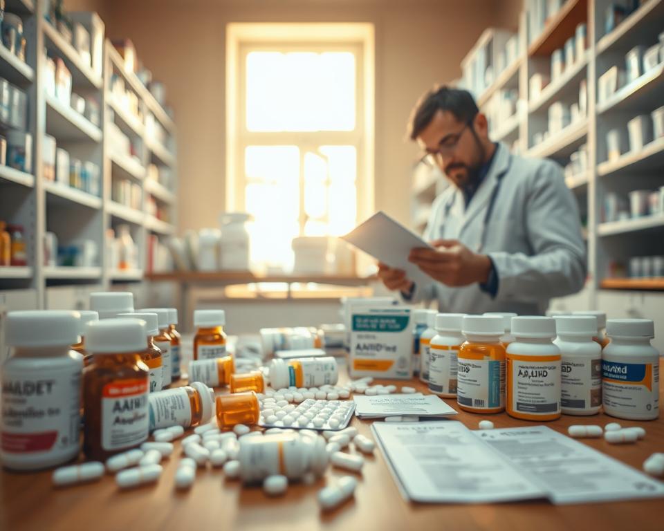 A detailed scene depicting a pharmacist's workshop in Egypt, focusing on ADHD medication. In the foreground, a pharmacist in professional attire is carefully examining a prescription for ADHD medication, surrounded by neatly arranged bottles of pills in various forms. In the middle ground, a wooden table is cluttered with pill bottles, labels in Arabic and English, and a small stack of informational pamphlets on ADHD treatments. The background reveals shelves filled with other medications and a window allowing soft, warm sunlight to filter in, creating a professional yet inviting atmosphere. The overall mood is focused and serious, reflecting the importance of careful examination in medication management. Shot with a depth of field effect to emphasize the pharmacist and medications in sharp focus while the background remains slightly blurred.