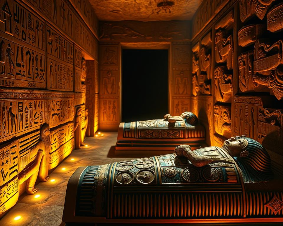 A detailed scene of Tutankhamun's tomb in the Valley of the Kings, showcasing the ornate decorations on the sarcophagus and surrounding walls. The foreground features intricate hieroglyphics and golden artifacts prominently lit by warm, ambient lighting, casting soft shadows. In the middle ground, a realistically detailed representation of Tutankhamun's richly adorned sarcophagus, with vibrant gold and blue patterns. The background shows the dimly lit entrance to the tomb, creating a sense of depth and mystery. The overall atmosphere is one of reverence and awe, capturing the solitude of one of the most famous archaeological sites in Egypt. The image should have a slightly elevated perspective, highlighting the grandeur of the tomb without any text or additional elements.