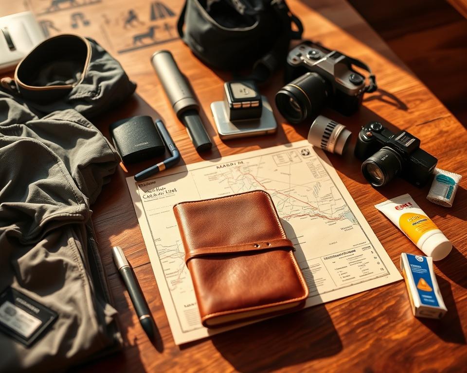 A detailed travel packing list spread across a wooden table, featuring essential items for a trip to the Valley of the Kings in Egypt. In the foreground, neatly arranged items include lightweight clothing, a reusable water bottle, a high-quality camera with a zoom lens, sunscreen, and a small first-aid kit. In the middle, a beautiful leather travel journal and a map of the Valley of the Kings lie beside the packed items, casting soft shadows under warm, natural sunlight. The background showcases a subtle hint of ancient Egyptian motifs, such as hieroglyphics and pyramids, blurred out to keep the focus on the packing list. The atmosphere exudes a sense of adventure and preparation, inviting viewers to embark on their own journey.