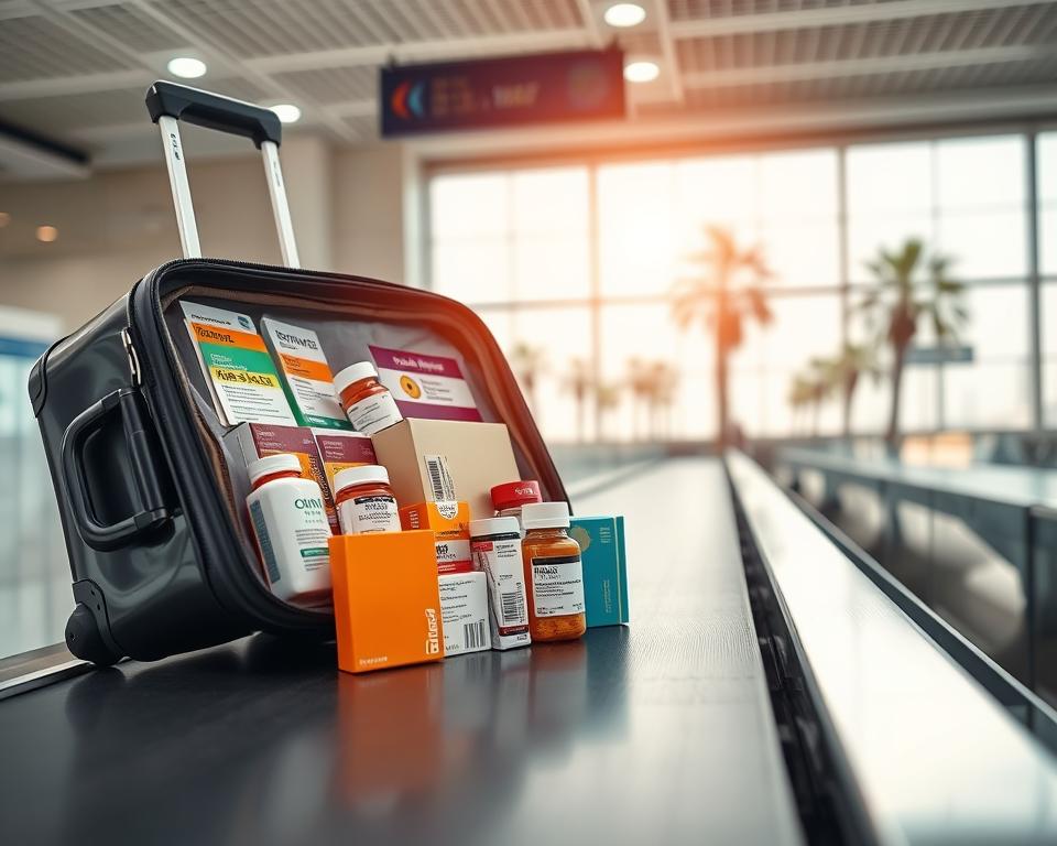 A detailed travel scene depicting a clear, organized carry-on suitcase on a polished airport conveyor belt in Egypt. The suitcase is partially open, showcasing an assortment of carefully arranged medical supplies and prescription medications in original packaging, clearly labeled, with a focus on both familiar and prohibited items. Bright overhead lighting illuminates the vibrant colors of the medication boxes and bottles, contrasting with the neutral tones of the suitcase and the sleek airport background. A subtle hint of palm trees is visible through a large window, capturing the essence of Egypt's travel atmosphere. The overall mood is one of caution and awareness, evoking the importance of proper packing for international travel. The image should be vibrant but professional, without any people present.
