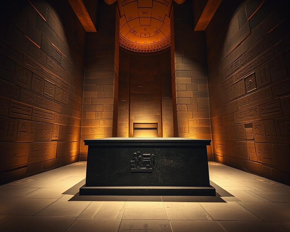A detailed view of the Königskammer in the Great Pyramid of Giza, featuring the imposing granite sarcophagus as the focal point in the foreground. The sarcophagus, made of smooth, dark granite, sits at the center, illuminated by soft, warm lighting that highlights its ancient craftsmanship. In the middle ground, the walls of the chamber, adorned with subtle, weathered hieroglyphs, stretch upward, creating an atmosphere of mystery and reverence. The background reveals the dimly lit, higher ceiling of the chamber, adding depth and a sense of grandeur. The scene is captured from a slightly low angle, emphasizing the monumentality of the structure, while shadows dance along the stone surfaces, enhancing the ancient, enigmatic mood.
