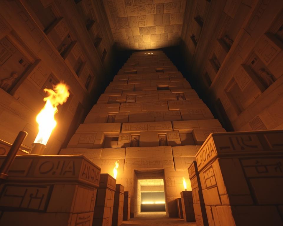 A detailed view of the "Relieving Chambers" within the Great Pyramid of Giza, showcasing their intricate architectural design. In the foreground, highlight the unique stone blocks with precise carvings, emphasizing the engineering prowess of ancient Egyptian architects. The middle layer features the chambers' ascending structure, illuminated by soft, warm light emanating from torches, casting gentle shadows that reveal the textured surfaces of the stones. In the background, hints of the chamber's expansive ceiling and the pyramid's internal walls can be seen, creating a sense of depth and mystery. Use a slightly low angle perspective to enhance the grandeur of the structure. The atmosphere should evoke a sense of awe and reverence, capturing the ingenuity and hidden brilliance of ancient engineering.