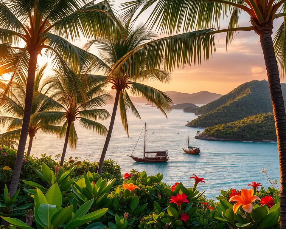 A detailed view of the Sansibar climate zone, showcasing a vibrant coastal landscape during golden hour. In the foreground, lush tropical vegetation with palm trees swaying gently in the warm breeze, interspersed with colorful tropical flowers. The middle ground features calm, turquoise waters of the Indian Ocean, glistening under the soft sunlight, with a few traditional wooden dhows sailing. In the background, low, rolling hills covered in dense greenery accentuate the island's unique geography. The sky is a mixture of soft oranges and purples, creating a serene, inviting atmosphere. The overall mood is tranquil and idyllic, evoking a sense of paradise. Use a wide-angle lens perspective to capture the beauty of this tropical haven. A detailed view of the Sansibar climate zone, showcasing a vibrant coastal landscape during golden hour. In the foreground, lush tropical vegetation with palm trees swaying gently in the warm breeze, interspersed with colorful tropical flowers. The middle ground features calm, turquoise waters of the Indian Ocean, glistening under the soft sunlight, with a few traditional wooden dhows sailing. In the background, low, rolling hills covered in dense greenery accentuate the island's unique geography. The sky is a mixture of soft oranges and purples, creating a serene, inviting atmosphere. The overall mood is tranquil and idyllic, evoking a sense of paradise. Use a wide-angle lens perspective to capture the beauty of this tropical haven.