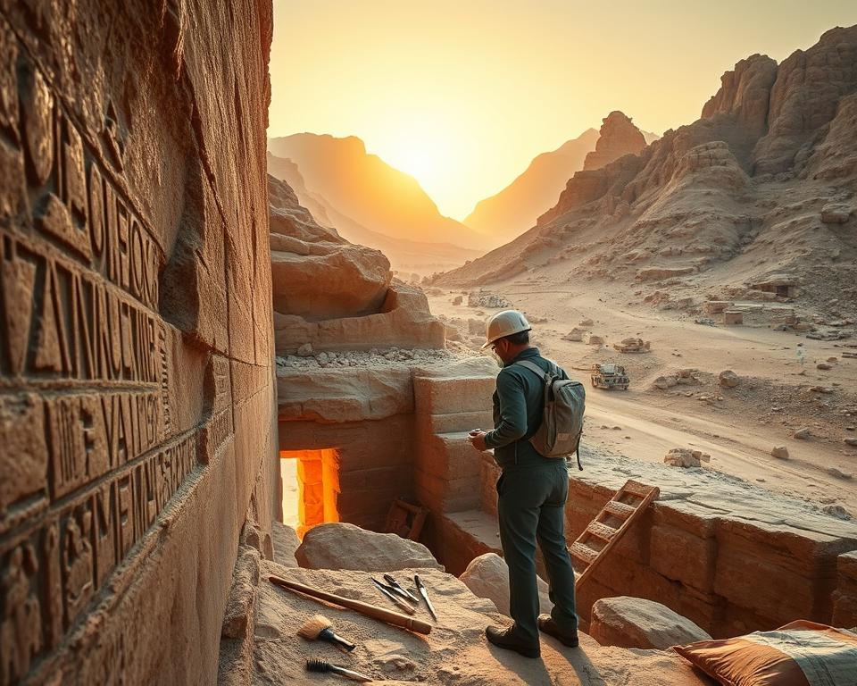 A detailed view of the Valley of the Kings in Egypt, showcasing the restoration efforts on ancient tombs. In the foreground, an archaeologist in professional attire carefully examines hieroglyphics on a stone wall, with brushes and tools nearby. The middle ground reveals the entrance of a tomb, partially illuminated by soft, warm sunlight filtering through the valley. The background features rugged hills and rocky outcrops typical of the region, bathed in a golden hue at sunset, enhancing the historical significance. The atmosphere is serene yet awe-inspiring, reflecting both the weight of history and the meticulous work of modern archaeology. The image captures a harmonious blend of past and present, highlighting the ongoing preservation of this UNESCO World Heritage site.