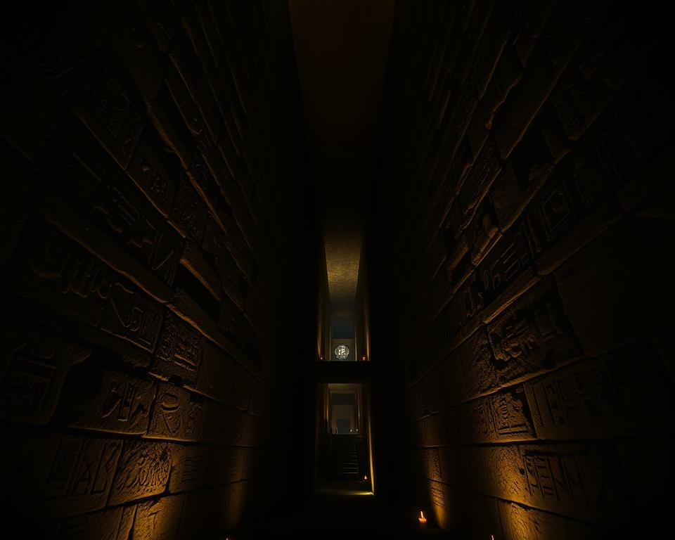 A detailed view of the interior of the Cheops Pyramid, showcasing dark, narrow passageways lined with ancient stone blocks. In the foreground, a well-lit chamber reveals hieroglyphics along the walls, while a dimly lit shaft cuts through the middle, leading upwards into shadows. The atmosphere is mysterious and solemn, illuminated by soft, flickering torchlight that casts elongated shadows, enhancing the sense of depth. The viewer's perspective is from slightly below, looking up at the towering walls of the chamber. In the background, glimpses of additional chambers can be seen, hinting at the complex structure and its secrets. The image captures an air of wonder and intrigue, inviting exploration of the pyramid's enigmatic interiors.