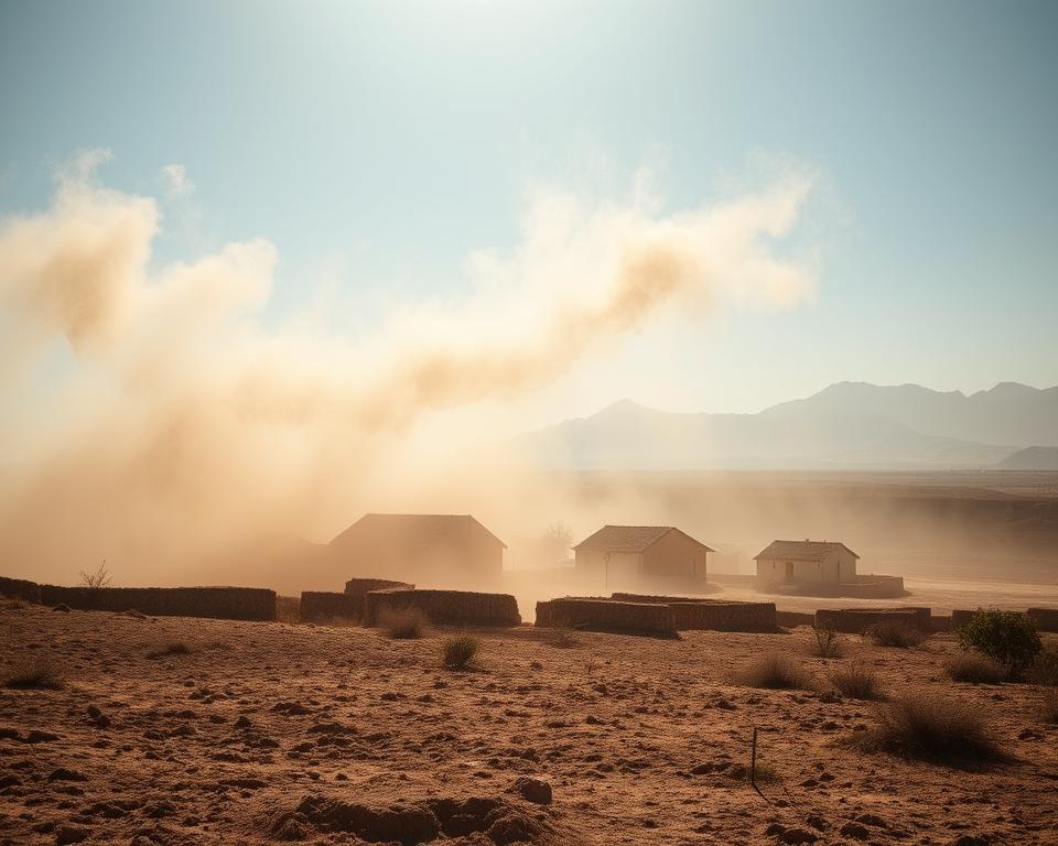 A dramatic scene depicting the Harmattan winds in Cape Verde, showing fine sand particles swirling in the air. In the foreground, a textured landscape of dry, arid terrain with sparse vegetation, illuminated by the bright, harsh sunlight typical of a tropical climate. The middle ground features silhouettes of traditional Cape Verdean houses, their pastel colors muted by the dust haze, creating a sense of distance and depth. In the background, distant mountains are partially obscured by the sandy air, enhancing the view of atmospheric intensity. The overall mood is a mix of stark beauty and environmental extremity, capturing the essence of the Harmattan phenomenon. The lighting emphasizes contrasts, with sharp shadows and sunlit areas, evoking a sense of rugged natural resilience.