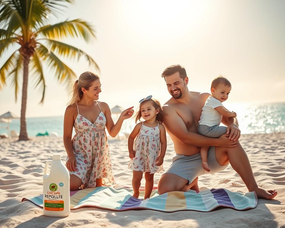 A family of four, including a mother and father with two young children, is enjoying a sunny day on a sandy beach in the Cape Verde Islands. The mother is applying mosquito repellent on her daughter, who is wearing a light, colorful dress, while the father holds the son, who is playfully dressed in a beach outfit. In the foreground, a bottle of child-safe mosquito repellent is visible on a beach towel. The middle ground features palm trees and beach umbrellas providing shade, while the crystal-clear ocean sparkles under the warm sun in the background. Soft, golden light bathes the scene, creating a cheerful and peaceful atmosphere, capturing the essence of family safety and enjoyment in tropical settings. A family of four, including a mother and father with two young children, is enjoying a sunny day on a sandy beach in the Cape Verde Islands. The mother is applying mosquito repellent on her daughter, who is wearing a light, colorful dress, while the father holds the son, who is playfully dressed in a beach outfit. In the foreground, a bottle of child-safe mosquito repellent is visible on a beach towel. The middle ground features palm trees and beach umbrellas providing shade, while the crystal-clear ocean sparkles under the warm sun in the background. Soft, golden light bathes the scene, creating a cheerful and peaceful atmosphere, capturing the essence of family safety and enjoyment in tropical settings.