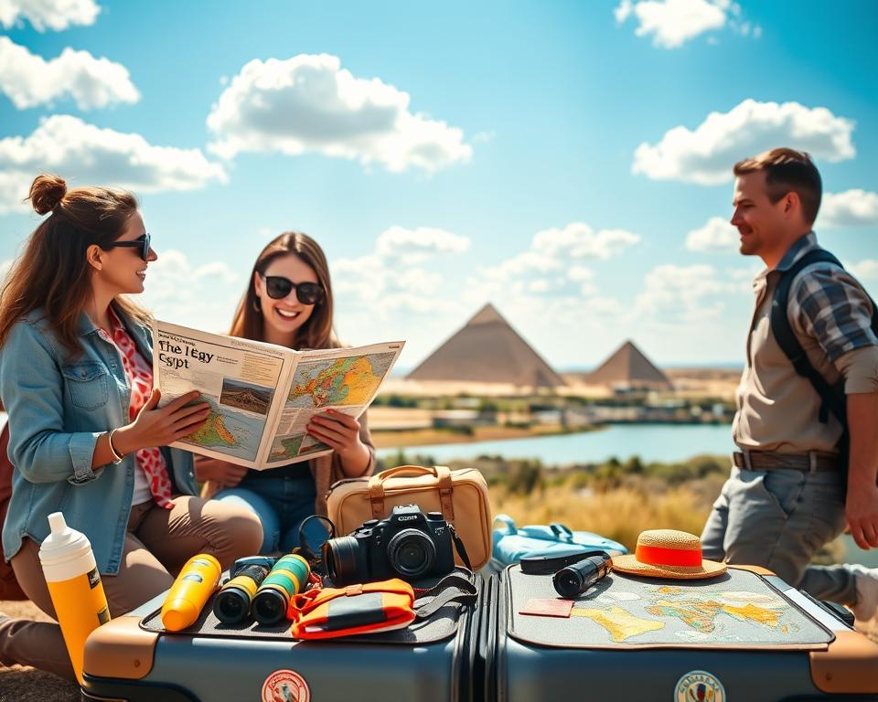 A family preparing for a trip to Egypt by the Nile. In the foreground, a mother and father are enthusiastically examining a travel guide and maps, dressed in comfortable, casual clothing. The middle ground showcases a colorful display of travel essentials: sunscreen, binoculars, a camera, and a packed suitcase adorned with Egypt-themed stickers. In the background, there are iconic Egyptian landmarks like the Pyramids and the Nile River under a bright blue sky with fluffy white clouds. The scene is bathed in warm, natural sunlight, creating an inviting atmosphere that conveys excitement and anticipation for the family vacation. The composition captures a sense of adventure and bonding, ideal for a family's journey to a fascinating destination.