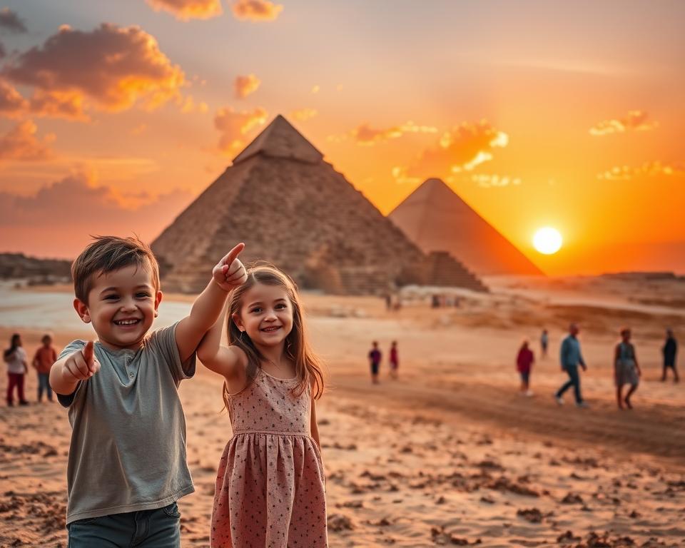 A group of cheerful children exploring the majestic Pyramids of Giza, with the sun setting in a vibrant orange and purple sky. In the foreground, two children, a boy and a girl, dressed in modest summer attire, are pointing excitedly at the towering pyramids, their expressions full of wonder. The middle ground features the iconic pyramids, intricately detailed with golden sands surrounding them. In the background, fluffy clouds are softly illuminated by the sunset, creating a warm atmosphere. The image should be captured as if from a low angle, emphasizing the grandeur of the pyramids against the vast Egyptian landscape. The overall mood is joyful and adventurous, perfect for families experiencing historical adventures together.