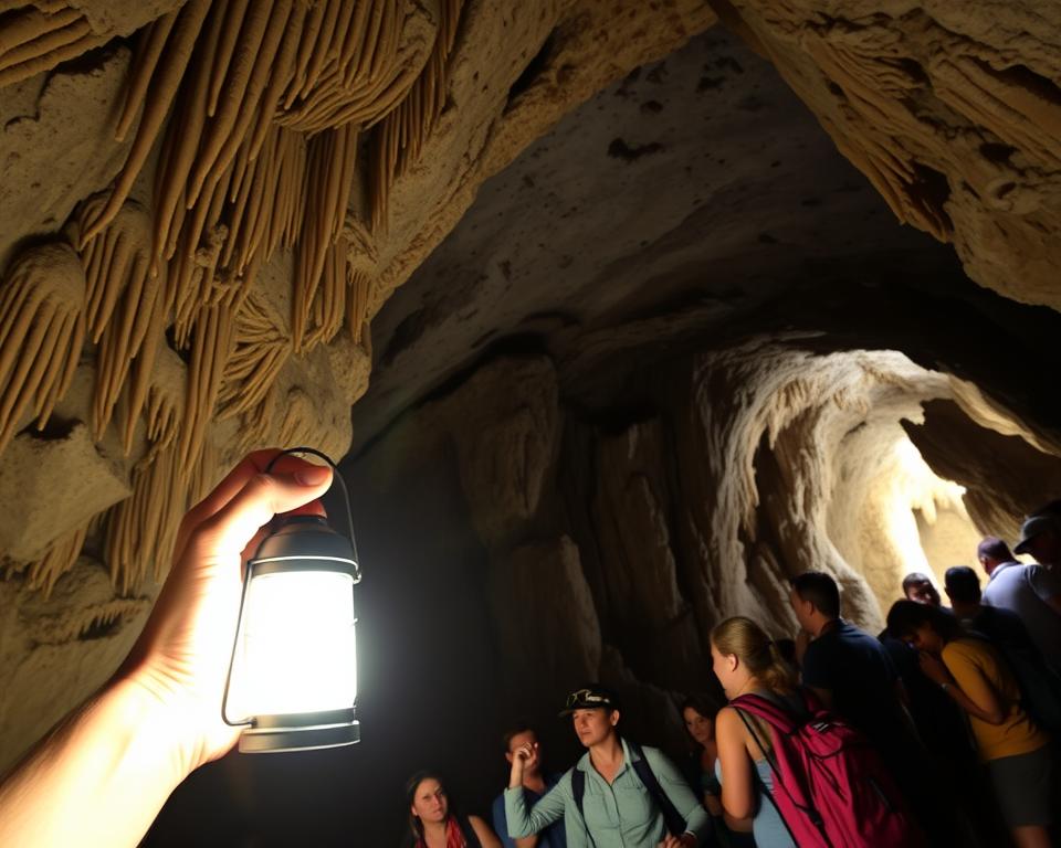 A group of tourists, dressed in casual outdoor attire, explore the stunning Cango Caves in South Africa. In the foreground, a guide holds a lantern, illuminating intricate stalactites and stalagmites that glisten in the soft light. The middle layer showcases the vast cavern, with towering rock formations and unique mineral textures that create a sense of wonder. The background reveals additional cave openings, shrouded in shadows, adding depth and mystery to the scene. Bright, warm lighting from the guide's lantern casts gentle reflections on the damp cave walls, enhancing the tranquil yet awe-inspiring atmosphere. The angle is slightly low, emphasizing the grandeur of the caves and inviting viewers to join the exploration. A group of tourists, dressed in casual outdoor attire, explore the stunning Cango Caves in South Africa. In the foreground, a guide holds a lantern, illuminating intricate stalactites and stalagmites that glisten in the soft light. The middle layer showcases the vast cavern, with towering rock formations and unique mineral textures that create a sense of wonder. The background reveals additional cave openings, shrouded in shadows, adding depth and mystery to the scene. Bright, warm lighting from the guide's lantern casts gentle reflections on the damp cave walls, enhancing the tranquil yet awe-inspiring atmosphere. The angle is slightly low, emphasizing the grandeur of the caves and inviting viewers to join the exploration.