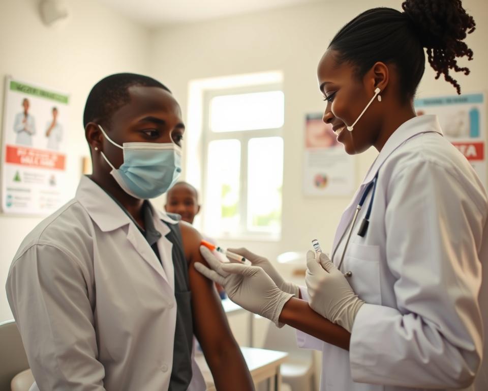 A healthcare professional, clad in a white lab coat and safety gloves, administers a cholera vaccine to a patient in a bright, clean clinic setting. In the foreground, the focus is on the careful interaction between the doctor and the patient, with the doctor showing a reassuring smile. The middle ground features a well-organized clinic with vaccination posters on the walls emphasizing hygiene and prevention. The background reveals a window with soft natural light streaming in, creating an inviting atmosphere. The scene is captured using a shallow depth of field to emphasize the act of vaccination and a warm, hopeful mood, reflecting the importance of immunization in ensuring safe travel in Kenya.