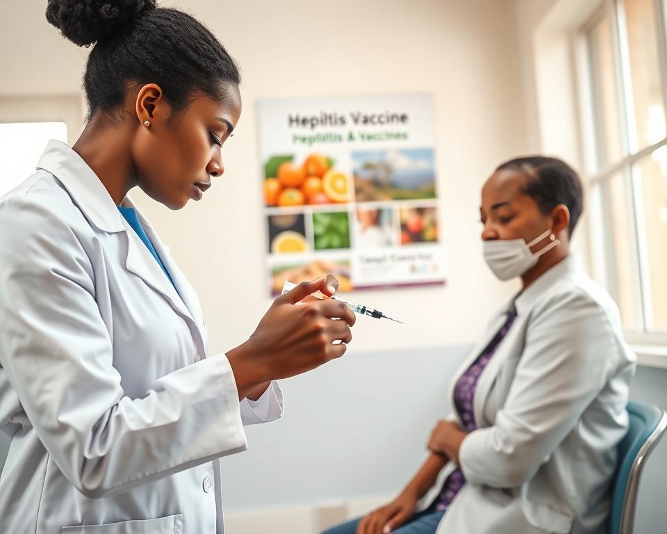 A healthcare professional, dressed in a smart white lab coat, is administering a hepatitis A vaccine to a patient in a bright and welcoming clinic in South Africa. The foreground shows the nurse focused intently on the task, with a syringe in hand. In the middle ground, the patient sits comfortably, displaying a sense of reassurance, while a poster on the wall highlights the importance of vaccinations, featuring images of healthy foods and local landscapes. The background captures elements of a serene clinic environment, with soft natural lighting streaming through large windows, creating an inviting atmosphere. The composition emphasizes health and safety, with a clear sense of professionalism and care evident throughout. The image conveys the message of protection through vaccination amid the vibrant cultural setting of South Africa.