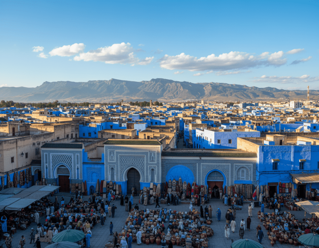 A historic view of Fes, Morocco, showcasing the vibrant blue city, with traditional Moroccan architecture featuring intricate tile work and arches. In the foreground, a bustling marketplace with artisans selling colorful textiles and pottery, people dressed in modest traditional attire engaged in trade. The middle ground reveals the ancient medina, with narrow winding streets and the grand gates of historic buildings adorned with ornate designs. In the background, the Atlas Mountains rise majestically under a bright blue sky with scattered white clouds. The lighting is warm, suggesting late afternoon, casting soft shadows and creating a serene yet lively atmosphere, captured with a wide-angle lens to emphasize the expanse of the city.