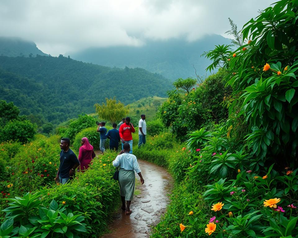 A lush Tanzanian landscape during the rainy season, showcasing vibrant greenery and blooming wildflowers. In the foreground, a group of diverse individuals dressed in modest casual clothing are engaging in activities such as birdwatching and exploring the vibrant local markets. The middle ground features a winding path through the dense foliage, dotted with playful raindrops glistening in soft, diffused sunlight. In the background, rolling hills are partially obscured by mist, creating a serene and inviting atmosphere. The scene conveys a sense of adventure and tranquility, encapsulated by the gentle, soothing sounds of rain. The lighting is soft and moody, enhancing the freshness of the lush environment, while a wide-angle lens captures the expansive beauty of Tanzania's nature even amid the rainy season.