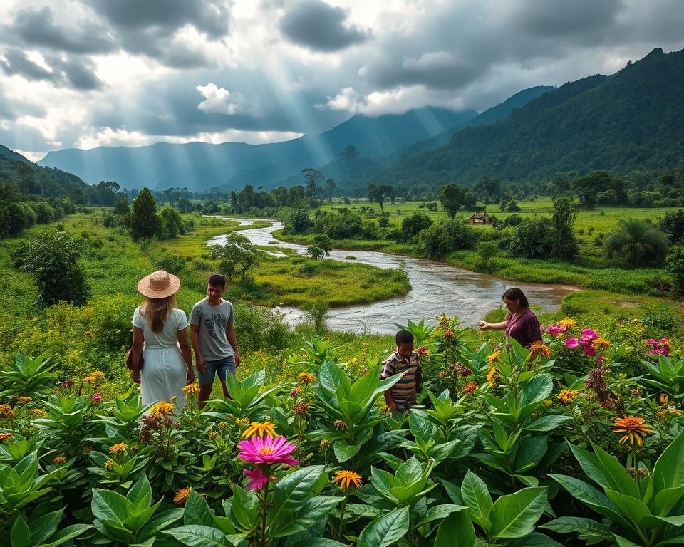 A lush Tanzanian landscape during the rainy season, showcasing vivid green vegetation, glistening with droplets of fresh rain. In the foreground, a serene scene of a family in modest casual clothing exploring the vibrant flora, pointing at colorful flowers and small wildlife. The middle ground features a picturesque river, swollen with rainwater, surrounded by rich greenery and blooming plants. In the background, majestic mountains are shrouded in mist, with dark rain clouds parting to allow shafts of bright sunlight to illuminate the scene. The atmosphere is vibrant and refreshing, evoking a sense of tranquility and rejuvenation, captured with a wide-angle lens to emphasize the expansive beauty of the land. The lighting is soft and diffused, enhancing the colorful elements while maintaining an inviting, calm mood.