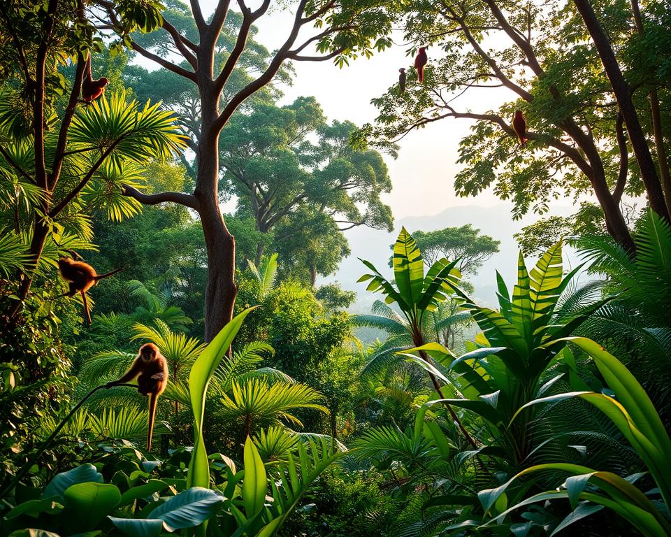 A lush and vibrant Central African rainforest scene teeming with life. In the foreground, a diverse array of tropical plants, such as ferns and large-leaved vegetation, create a rich tapestry of greens. A family of playful monkeys swings between branches, while colorful birds, like parrots, flit through the air. The middle layer showcases towering trees with thick trunks, their canopies forming a dense ceiling of leaves that filter soft, dappled sunlight. In the background, the faint outline of a misty, distant mountain range adds depth to the landscape. The overall mood is serene and enchanting, capturing the feeling of being immersed in an untouched natural paradise. The lighting is warm and inviting, suggesting early morning or late afternoon, enhancing the colors and details of this unique ecosystem.