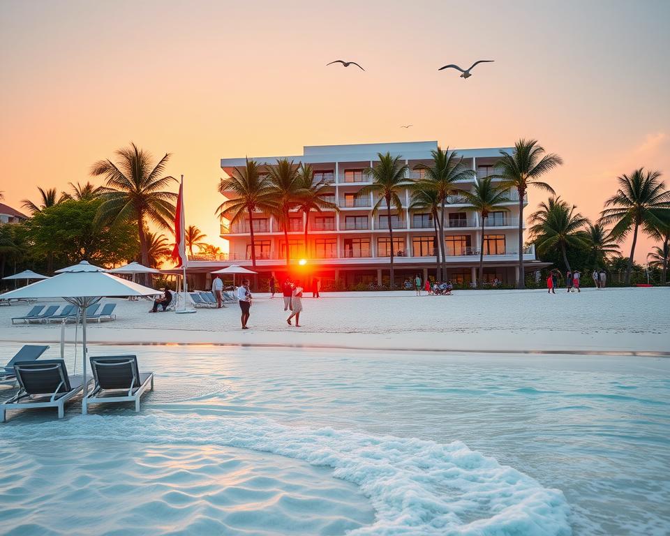 A luxurious beachfront hotel on the pristine sands of Zanzibar, surrounded by palm trees and crystal-clear turquoise waters. In the foreground, elegant lounge chairs and beach umbrellas invite relaxation under the warm sun. The middle ground features a beautifully designed hotel façade with large windows reflecting the vibrant sunset. Guests in professional casual attire enjoy the serene atmosphere, sipping cocktails at the outdoor terrace. In the background, the sun sets on the horizon, casting a golden glow over the scene, enhancing the tranquil mood. Soft waves lap at the shore, and seagulls occasionally glide through the vibrant sky. Shot with a soft-focus lens for a dreamy ambiance, capturing the essence of a perfect beach getaway.