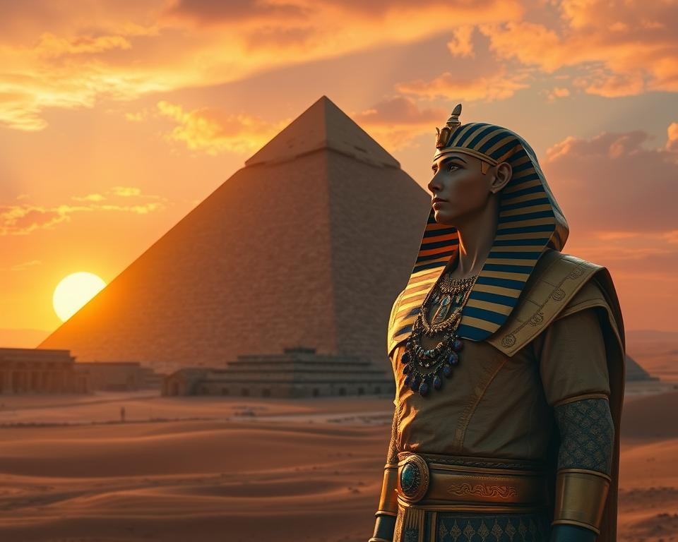 A majestic, historically accurate depiction of Cheops (Khufu), the ancient Egyptian pharaoh, standing proudly beside the Great Pyramid of Giza. In the foreground, Cheops is dressed in elegant royal attire, adorned with gold and lapis lazuli jewelry, symbolizing his high status. The middle ground features the imposing Great Pyramid, its limestone blocks illuminated by the warm, golden glow of a setting sun, casting long shadows that suggest the passage of time. In the background, the vast deserts stretch under a vibrant sky filled with hues of orange and pink, creating a mystical atmosphere. The scene conveys a sense of grandeur and mystery, as the pharaoh gazes thoughtfully at his monumental creation, evoking a feeling of awe and exploration into ancient secrets. Capture this in a cinematic angle, emphasizing both Cheops and the pyramid as focal points.