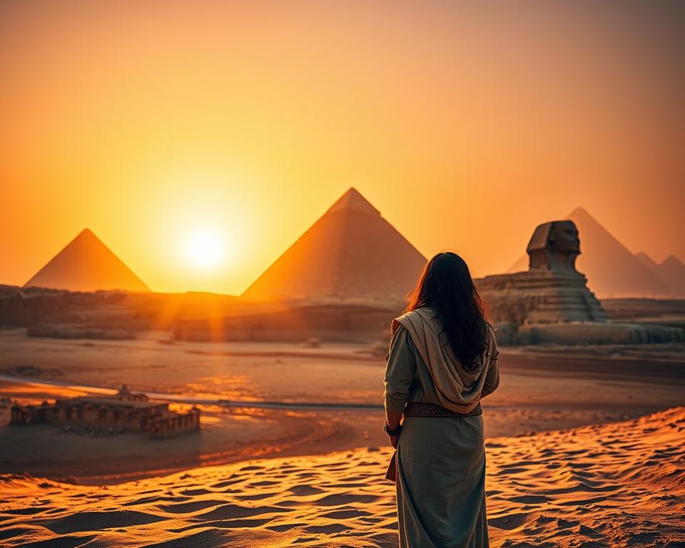 A majestic view of the Pyramids of Giza at sunset, with a golden glow casting long shadows across the sandy landscape. In the foreground, an ancient Egyptian figure dressed in traditional linen robes stands in awe, examining hieroglyphics on a stone tablet that hints at secrets of the pyramids. The middle ground features the Great Pyramid, slightly illuminated by the fading sun, while the Sphinx gazes mysteriously in the background, partially shrouded in a drifting haze. The sky is a rich gradient of orange and purple, creating a mystical atmosphere. Capture this scene with a soft focus lens, emphasizing warmth and intrigue, inviting viewers to ponder the myths and enigmas entwined with this ancient wonder.