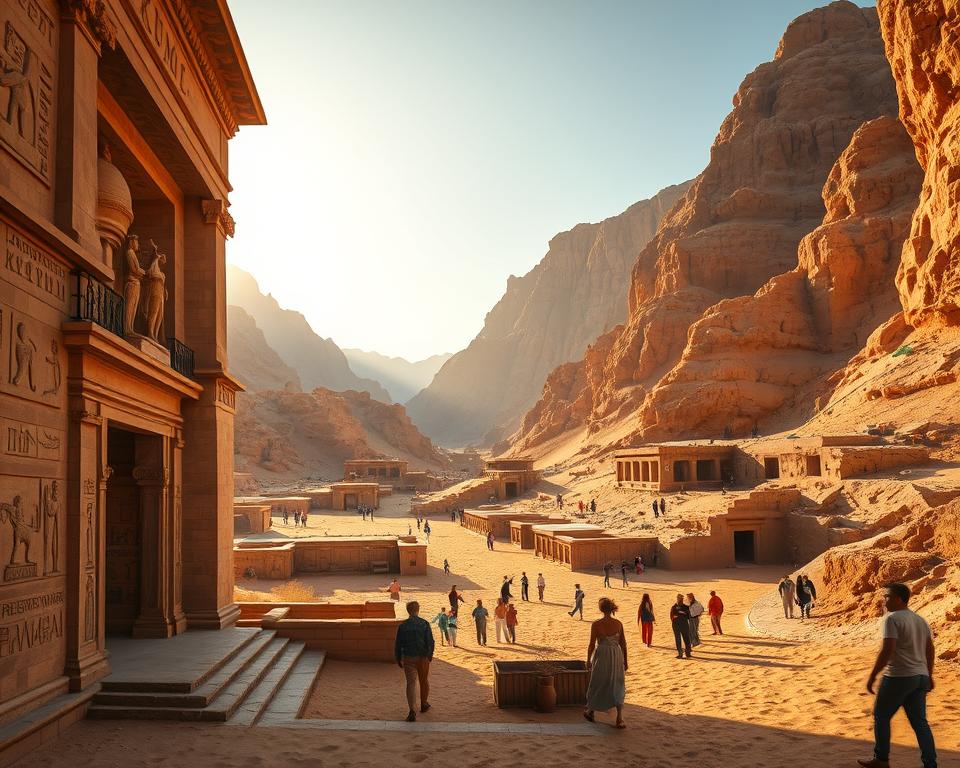 A majestic view of the Valley of the Kings in Egypt, highlighting the intricate, ornately designed burial tombs of ancient Pharaohs. In the foreground, a detailed depiction of a grand entrance to a tomb, adorned with colorful hieroglyphics and intricate carvings representing Egyptian mythology. In the middle ground, several tombs are visible, partially obscured by golden sands and small desert plants, while tourists in modest casual clothing explore the site with awe. The background features the rugged mountains of the valley, bathed in warm, golden sunlight during a late afternoon, casting long shadows that add depth to the scene. The atmosphere is serene yet mysterious, inviting viewers to imagine the rich history and treasures hidden within. Use a wide-angle lens for a comprehensive view that captures both the tombs and the surrounding landscape.