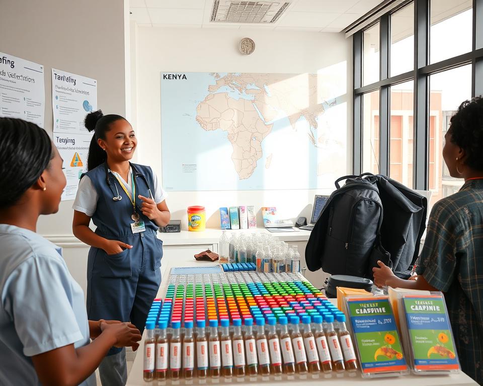 A modern, well-organized travel clinic interior, featuring a bright and inviting atmosphere. In the foreground, a friendly nurse in professional attire is engaging with a patient to discuss vaccination options, surrounded by informational posters about standard vaccinations. In the middle ground, a wide variety of colorful vaccine vials are displayed neatly on a counter, alongside travel brochures about Kenya. The background showcases a wall adorned with maps of Africa, emphasizing safety and health. Natural light floods the room through large windows, creating a warm and welcoming mood. The scene captures a sense of professionalism and care, reflecting the importance of preventive health measures before traveling.
