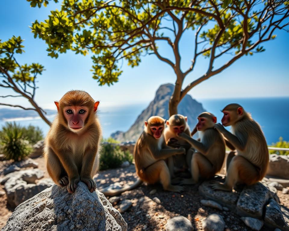 A natural scene depicting the Barbary macaques of Gibraltar, showcasing a family of these playful monkeys in a safe, serene environment. In the foreground, a curious young macaque is perched on a rock, its attentive eyes focused on the viewer, with soft fur catching the sunlight. The middle ground features a few adult macaques interacting, playfully grooming each other under the shade of a nearby tree with vibrant green leaves. The background showcases the iconic Rock of Gibraltar under a clear blue sky, with hints of the Mediterranean Sea glistening in the distance. The image conveys a sense of safety and harmony, with warm sunlight casting gentle shadows, enhancing the inviting atmosphere of the habitat.