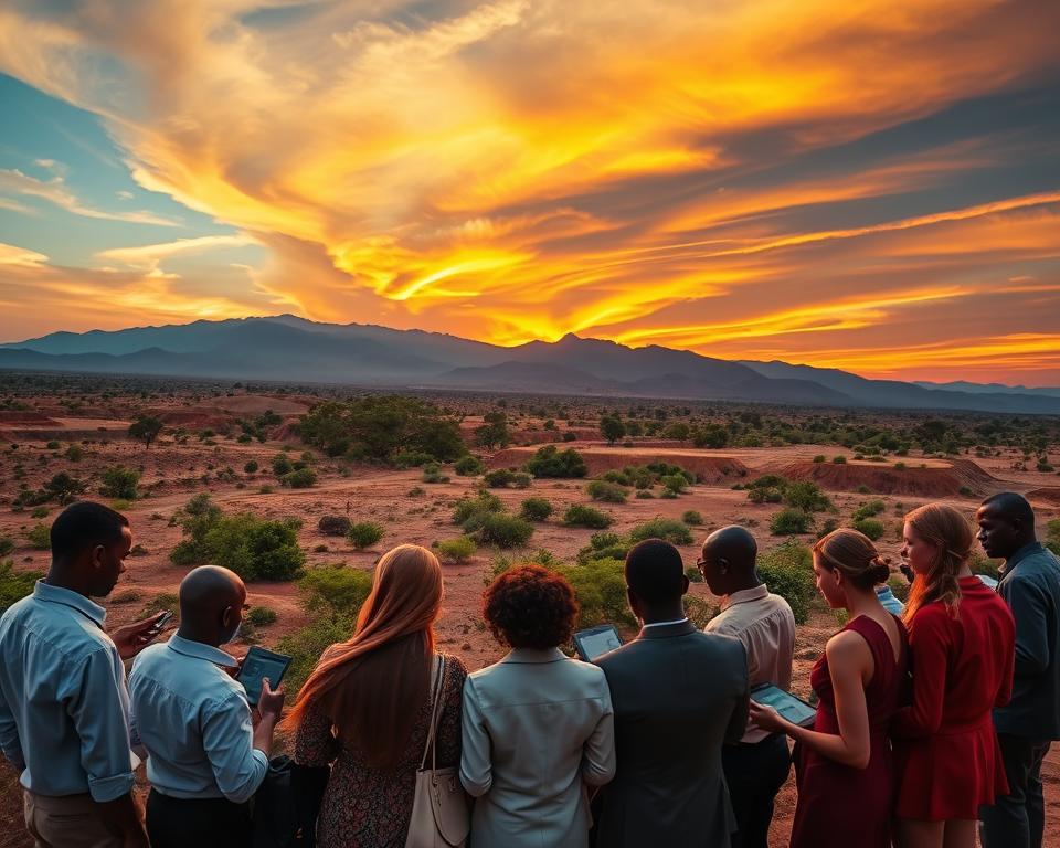 A panoramic view of Africa under a dramatic sky, showcasing the effects of climate change. In the foreground, a diverse group of individuals is studying climate data on tablets, dressed in professional attire, surrounded by drought-affected land and scattered vegetation. In the middle ground, a vibrant contrast of lush, green areas representing successful conservation efforts meets arid regions suffering from extreme weather, such as drought. The background features majestic mountains under a swirling, colorful sky at sunset, highlighting both beauty and environmental challenges. Soft, warm lighting casts long shadows, enhancing the mood of urgency and hope. Capture this scene from a slightly elevated angle to provide a comprehensive view of the contrasting landscapes and the engaged individuals.