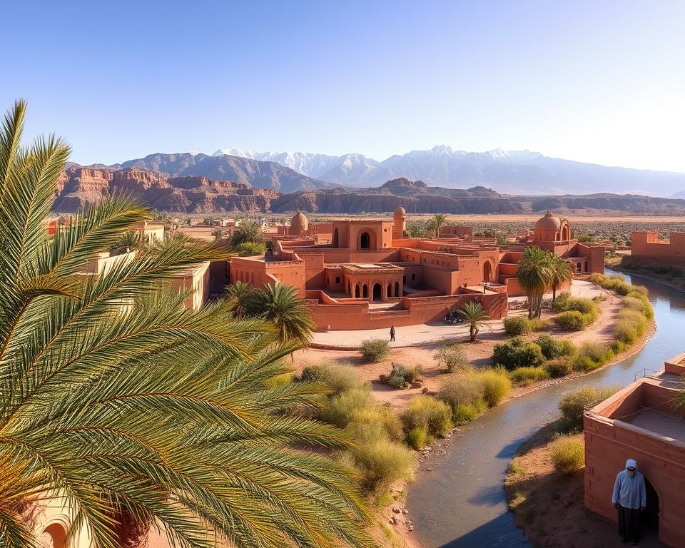 A panoramic view of Ait Ben Haddou, showcasing its iconic earthen structures set against the dramatic backdrop of the Atlas Mountains. In the foreground, lush green palm trees sway gently, while a winding river reflects the bright afternoon sunlight. The middle ground features the ancient adobe kasbahs, with intricate architectural details, vibrant terra cotta colors, and some local explorers dressed in modest, casual clothing, capturing the essence of nearby adventures. In the background, majestic snow-capped peaks rise under a clear blue sky, evoking a sense of adventure and exploration in the Moroccan landscape. The scene is bathed in warm golden light, creating an inviting and adventurous atmosphere. Showcase this with a wide-angle lens perspective to highlight the vastness of the surroundings.