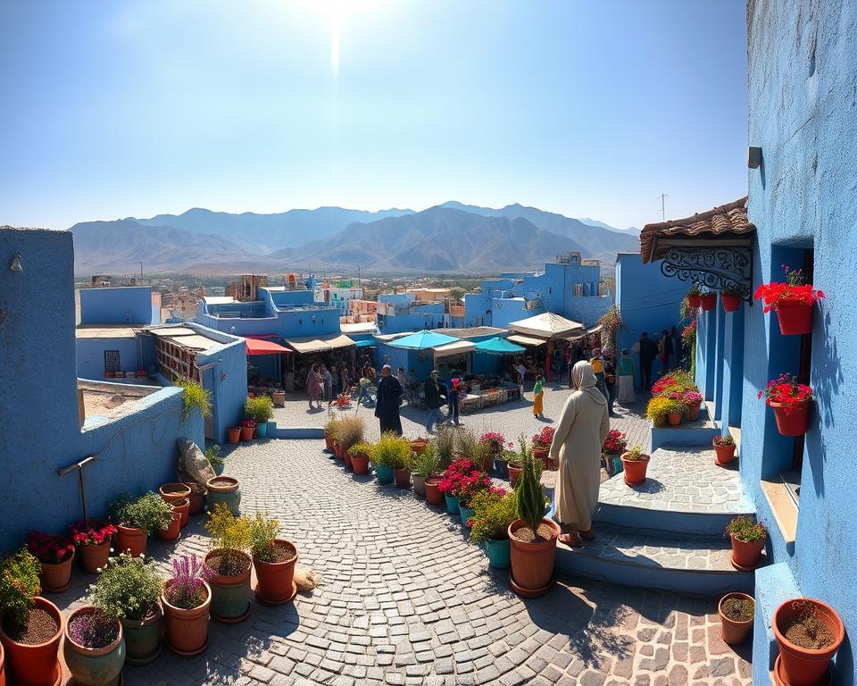 A panoramic view of Chefchaouen, the Blue City of Morocco, nestled in the Rif Mountains. In the foreground, cobblestone pathways wind through vibrant blue-washed buildings adorned with colorful flower pots, creating a lively and inviting atmosphere. The middle ground features a bustling market scene with locals in modest, casual clothing, engaging in trade and conversation. In the background, dramatic mountains rise under a bright blue sky, enhancing the serene and picturesque landscape. Soft, natural lighting bathes the scene, capturing the essence of a warm, sunny day. The angle is slightly elevated, providing an expansive view of both the city and its surrounding terrain, imparting a sense of depth and adventure. The mood is tranquil yet lively, illustrating the charm and beauty of Chefchaouen as a destination.