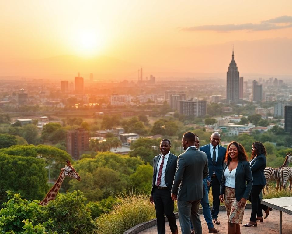 A panoramic view of Nairobi's skyline, capturing the iconic Nairobi National Park in the foreground with lush greenery and wildlife, like giraffes and zebras, reflecting the city's vibrant nature. In the middle ground, there's a multi-cultural scene showcasing diverse local people in professional business attire, casually enjoying the outdoors, symbolizing the best time to visit. In the background, the sun is setting, casting a warm golden light that enhances the vibrant colors of the city, suggesting a pleasant climate. The image is composed with a slight aerial perspective, inviting the viewer to engage with the lively atmosphere of Nairobi. The mood is optimistic and inviting, showcasing the essence of travel to this exciting destination while maintaining a clear focus on health and climate.