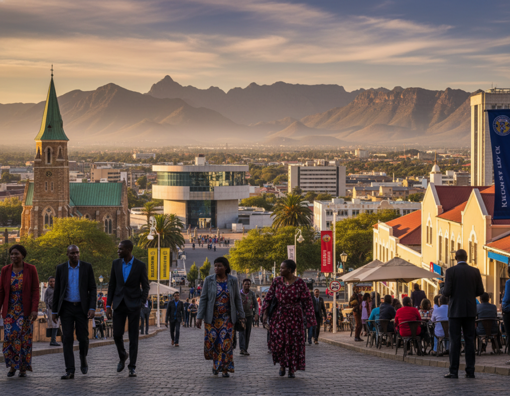 A panoramic view of Windhoek, the capital city of Namibia, showcasing its unique blend of modern architecture and historic buildings. In the foreground, vibrant streets are lined with local shops and cafés, bustling with people dressed in professional business attire and modest casual clothing. The middle ground features iconic landmarks such as the Christ Church and the Independence Memorial Museum, framed by the beautiful Namibian landscape. In the background, the sun sets, casting a warm golden glow over the city, illuminating the mountains that provide a stunning backdrop. The atmosphere is lively yet relaxed, reflecting the city’s dynamic culture. Use a wide-angle lens to capture the depth of the scene and ensure clear, vibrant colors to convey warmth and hospitality.