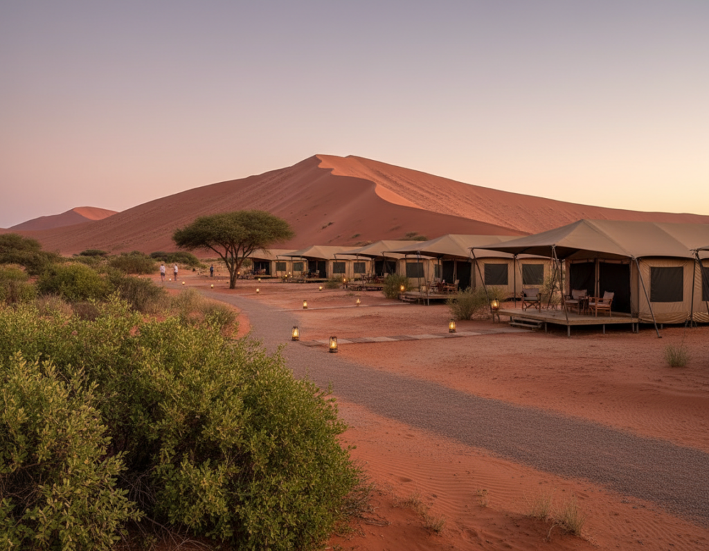 A panoramic view of a serene Namibian landscape, showcasing a well-organized safari camp with luxurious tents arranged in a natural setting. In the foreground, vibrant green shrubs and a few acacia trees frame the scene. The middle ground features a cluster of elegantly designed tents with wooden decks, offering a comfortable ambiance. Soft ambient lighting reflects the warm glow of a sunset, casting long shadows across the sandy earth. In the background, the famous red dunes of Sossusvlei rise majestically under a sprawling sky filled with soft, pastel colors. The atmosphere is tranquil and inviting, evoking the spirit of adventure and relaxation, ideal for finding the perfect safari accommodation. A panoramic view of a serene Namibian landscape, showcasing a well-organized safari camp with luxurious tents arranged in a natural setting. In the foreground, vibrant green shrubs and a few acacia trees frame the scene. The middle ground features a cluster of elegantly designed tents with wooden decks, offering a comfortable ambiance. Soft ambient lighting reflects the warm glow of a sunset, casting long shadows across the sandy earth. In the background, the famous red dunes of Sossusvlei rise majestically under a sprawling sky filled with soft, pastel colors. The atmosphere is tranquil and inviting, evoking the spirit of adventure and relaxation, ideal for finding the perfect safari accommodation.